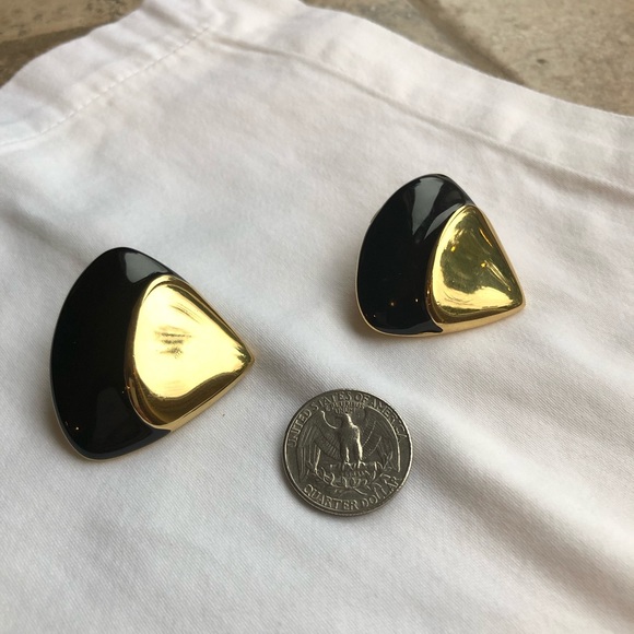 80’s Monet Black Enamel and Gold Tone Earrings - Picture 5 of 5